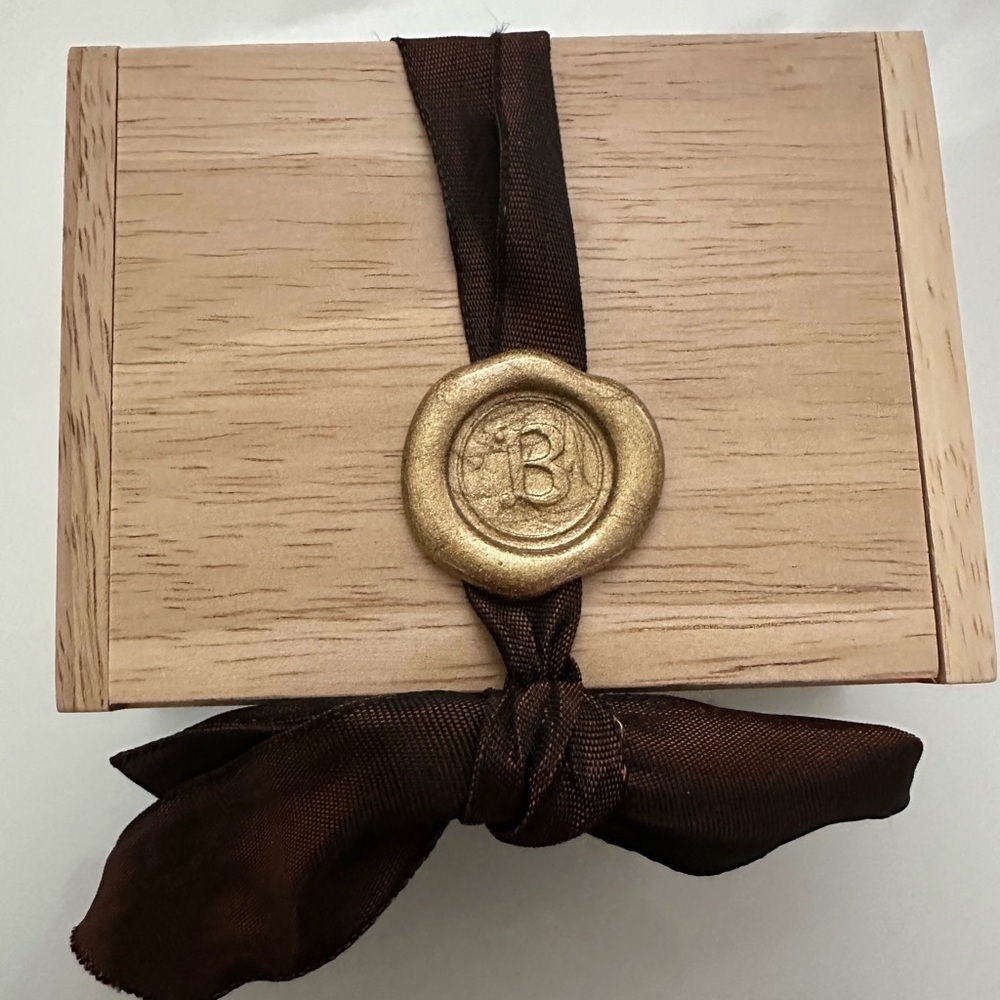 Burdick Chocolates Wooden box, 4x3x1.5 inches, brown ribbon, wax seal ‘B’